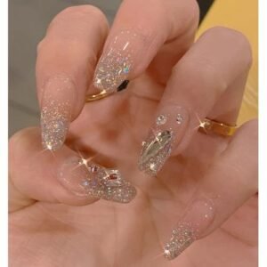 24Pcs Press On Nails Medium 3D Rhinestones Almond Fake Nails Glue On Nails False Nails