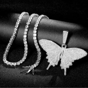 Exotic Elegance Silver Sophisticated Diamond Iced Necklace + Butterfly Pendant