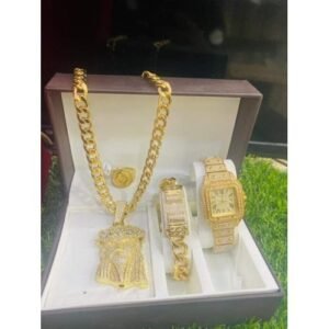 Keep Moving Quality Unique Elegance Diamond Gold Chain Wristwatch + Ring/Bracelet/Necklace