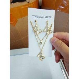 Ladies 2 Step Butterfly Necklace Pendant With Earring Gold