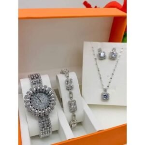 Gorgeous Beauty Diamond Iced Silver Wristwatch + Necklace/Bracelet & Ear-ring