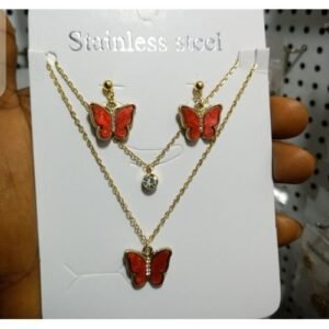 Ladies Fashion Butterfly Necklace Pendant With Earring Gold