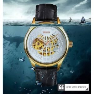Skmei Quality Sophisticated Engine Automatic Black Leather Wristwatch