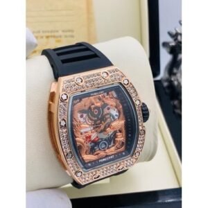 Forecast Gorgeous Sophisticated Diamond Iced Big Engine Black Dragon Rubber Wristwatch