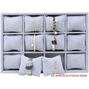 Watch Jewelry Tray Organizer Bracelet Display Showcase 12 Grid Pillows Without Lid Tray Jewelry Storage Holder Grey Velvet Gifts For Men Women Girls