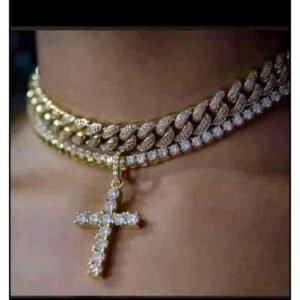 Quality Elegance Diamond Iced Gold Chain Necklace & Cross Pendant