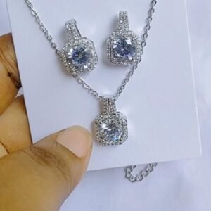 18k Gold Plated Cubic Zirconia Jewelry Set- Silver (Necklace & Earrings)