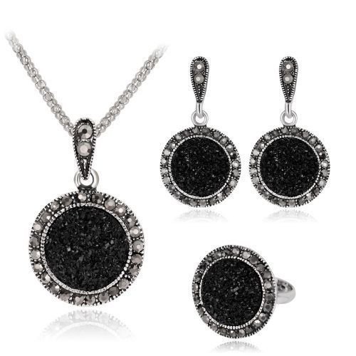 Banquet All-match Necklace Earrings Three-Piece Ancient Silver Jewelry Set