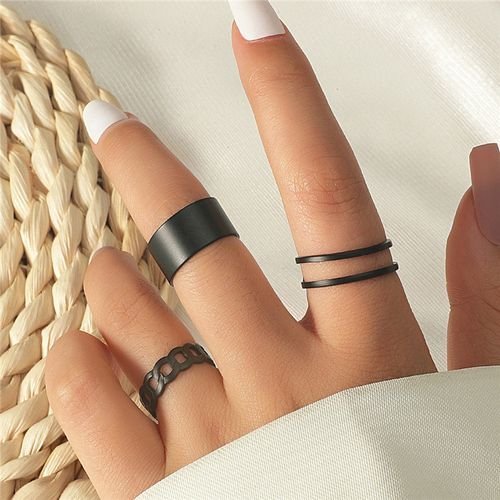 3pcs Round Metal Adjustable Black Ring Set