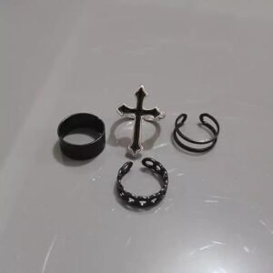 4pcs Round Metal Adjustable Black Ring Set