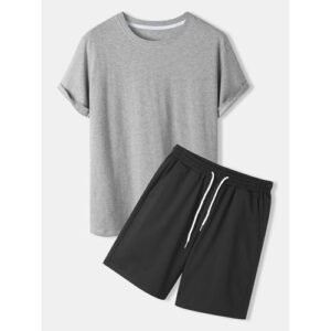 Plain Black Shorts And Grey Round Neck T-Shirt
