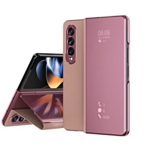 Galaxy Z Fold4 Case, Mirror Plating Hard PC PU Leather Semi-transparent Standing View Cover For Samsung Galaxy Z Fold 4 5G