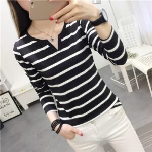 Black & White Striped Casual Women Stretchy Long Sleeve Top2