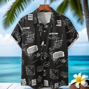 Mens Vintage  Hawaii Beach Shirt Casual Graffiti Ink Shirts - Black