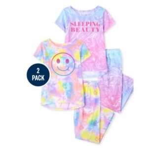 The Children's Place Girls Smilie Sleeping Beauty Tie Dye Snug Fit Cotton Pyjamas Sleepwear 2 In 1