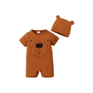 Baby Boy Bear Print Short Sleeve Romper+Hat