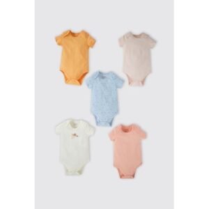 Defacto 5 Piece BabyGirl New Born Regular Fit Envelope Neck Knitted Short Sleeve Snap Body - Orange