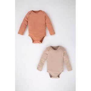 Defacto 2 Piece BabyGirl New Born Regular Fit Envelope Neck Knitted Long Sleeve Snap Body - Beige