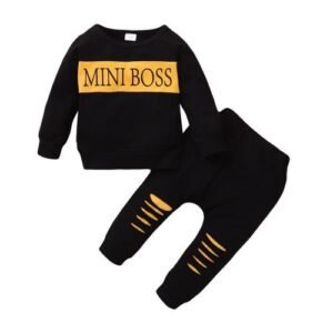 Baby Boy Two Piece Set Of Round Neck Long Sleeved Torn Pants