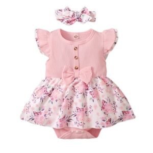 Catpapa 0-18Months Baby Girl Fly Sleeve Bodysuit Floral Skirt Design Gift Headband