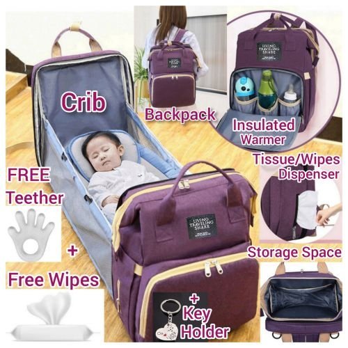 Multifunctional Waterproof Travel Baby Backpack Convertible Foldable Diaper Nappy Nursing Maternity Bag Crib Bed Carry Cot Cradle Bassinet Changing Pad Station + Teether + Wipes + Key Holder