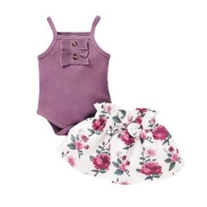 Baby Girls Summer Outfit Set Ribbed Vest With Shorts -Purple