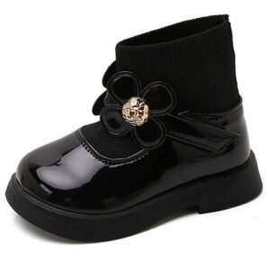 Baby Girl Ankle Boots Cute Princess High Top Leather Shoes - Black