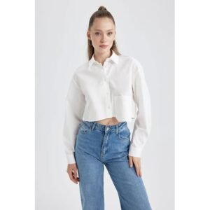 Defacto Woman Regular Fit Shirt Neck Woven Long Sleeve Shirt - White