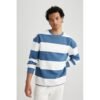 Defacto Man Young Boxy Fit Crew Neck Long Sleeve Knitted Sweat Shirt - Blue