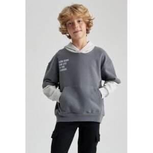 Defacto Boy Casual Oversize Fit Hooded Long Sleeve Knitted Sweat Shirt - Grey