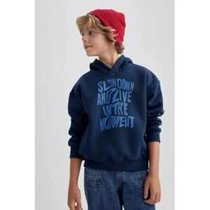 Defacto Boy Casual Oversize Fit Hooded Long Sleeve Knitted Sweat Shirt - Navy