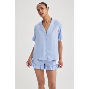 Defacto Woman Casual Regular Fit Pyjamas Neck Short Sleeve Homewear Woven Tops - Blue