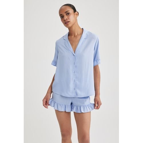 Defacto Woman Casual Regular Fit Pyjamas Neck Short Sleeve Homewear Woven Tops - Blue