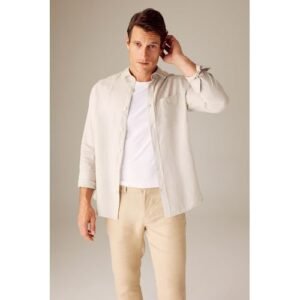 Defacto Man Regular Fit Polo Neck Woven Long Sleeve Shirt - Beige