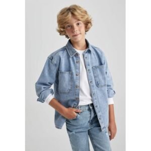Defacto Boy Casual Oversize Fit Polo Neck Denim Long Sleeve Shirt - Blue