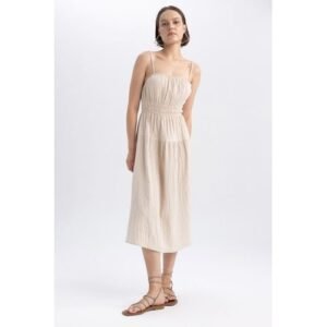 Defacto Woman Young A Line Strapless Short Sleeve Woven Dress - Beige