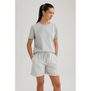 Defacto Woman Regular Fit Crew Neck Knitted Short Sleeve T-Shirt - Grey