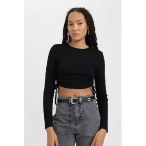 Defacto Woman Young Fitted Crew Neck Knitted Long Sleeve T-Shirt - Black