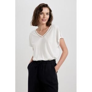 Defacto Woman V Neck Knitted Short Sleeve T-Shirt - Ecru