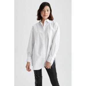 Defacto Woman Young Oversize Fit Shirt Neck Woven Long Sleeve Tunic - White