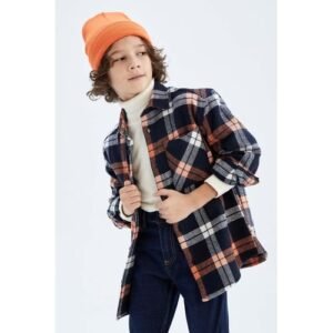 Defacto Boy Casual Oversize Fit Polo Neck Woven Long Sleeve Shirt - Navy