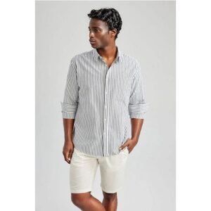 Defacto Man Relax Fit Polo Neck Woven Long Sleeve Shirt - White