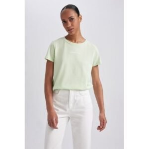 Defacto Woman Regular Fit Crew Neck Knitted Short Sleeve T-Shirt - Green