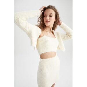 Defacto Woman Slim Fit V Neck Long Sleeve Tricot Cardigan - Ecru
