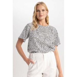 Defacto Woman Regular Fit Round Collar Woven Short Sleeve Blouse - White
