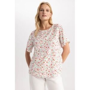 Defacto Woman Regular Fit Round Collar Woven Short Sleeve Blouse - Pink