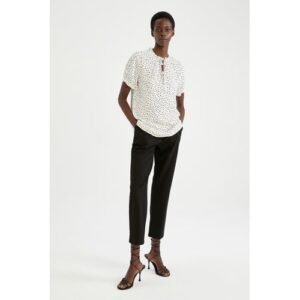 Defacto Woman Regular Fit Frill Neck Short Sleeve Woven Blouse-White