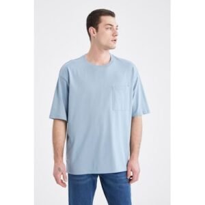 Defacto Man - Crew Neck Short Sleeve Oversize Fit Knitted T-Shirt-Blue
