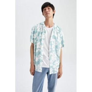 Defacto Man Young Regular Fit Apache Neck Woven Short Sleeve Shirt - Turquoise