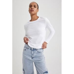 Defacto Woman Core Regular Fit Crew Neck Knitted Long Sleeve T-Shirt - White